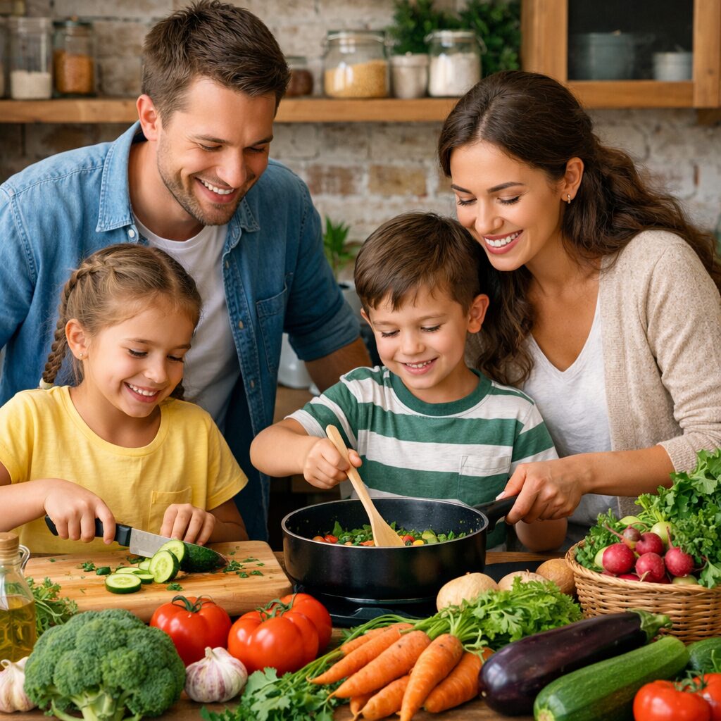 Family cooking with organic vegetables