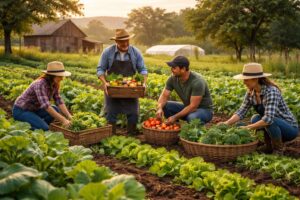 Local farmers working together in organic fields